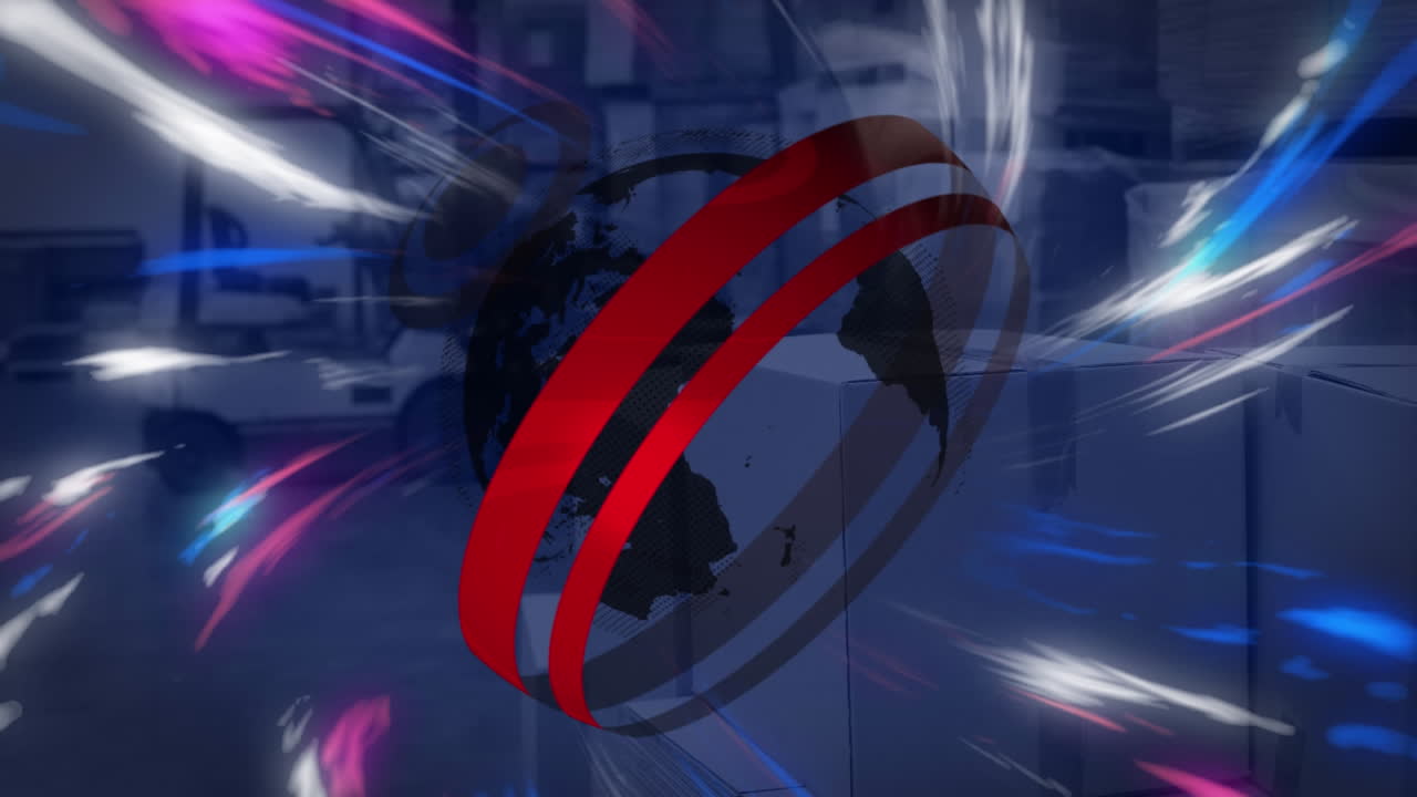 Animation of globe and digital interface with colorful lights over warehouse