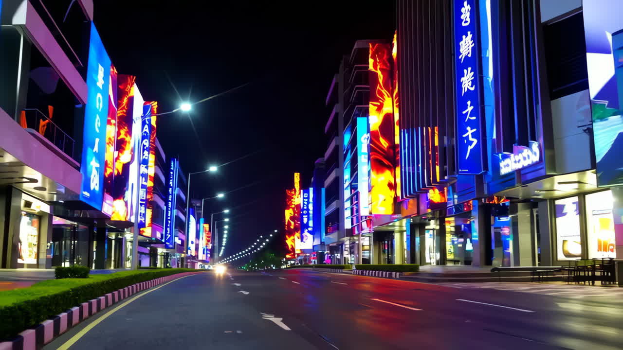 Vibrant Night City Street with Illuminated Buildings