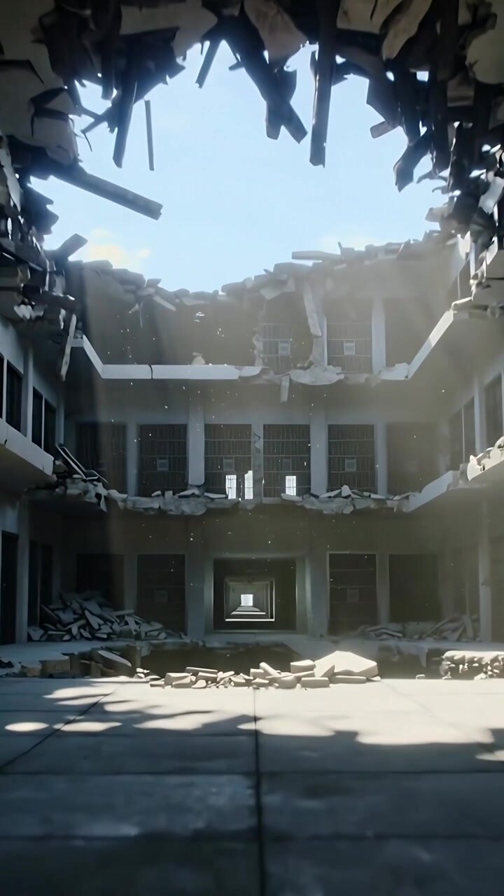 Vertical video: Advancing camera into ruined concrete atrium, revealing roof hole and rubble