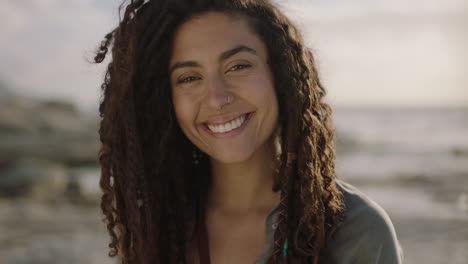 Lovely-young--woman-portrait-of-smiling-cheerful-mixed-race-woman-at-beach