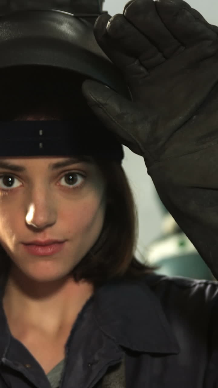 soldadora quitando el casco