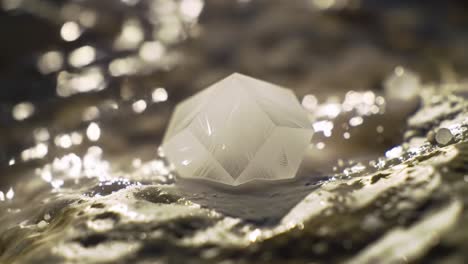 a beautifully captivating close-up of a transparent crystal on a shimmering surface, showcasing intricate facets and natural reflections of light