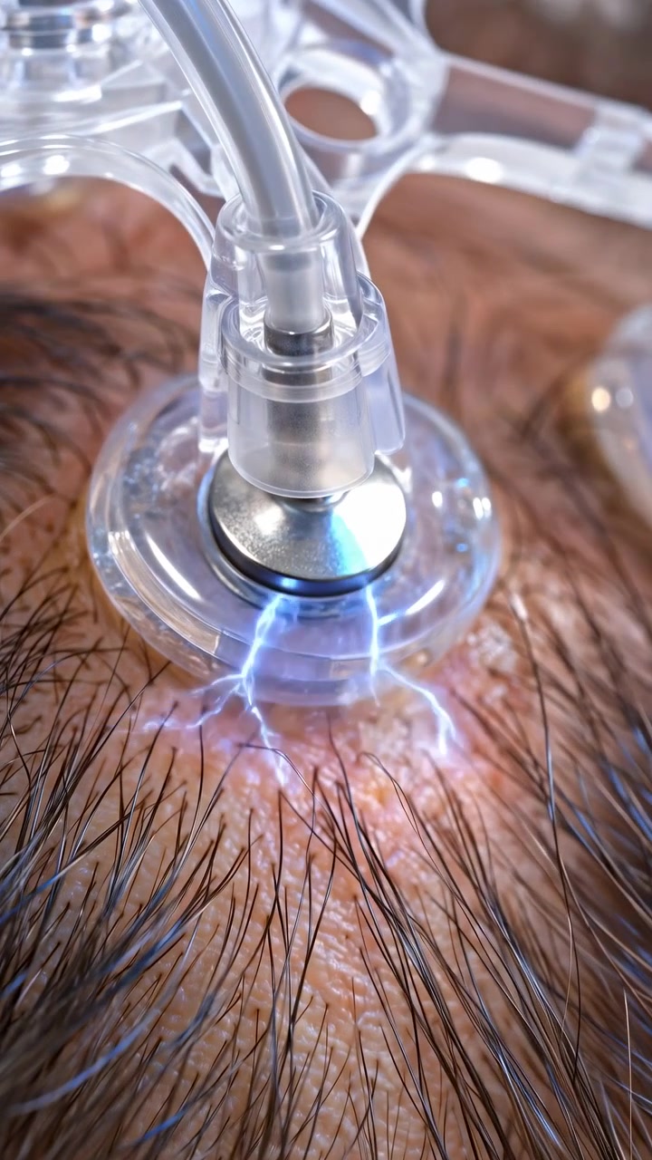 Una vista ravvicinata si avvicina a un dispositivo rotondo trasparente che poggia su cuoio capelluto visibile tra ciocche di capelli scuri, con tubi flessibili collegati, un inserto metallico riflettente e una luce blu cangiante