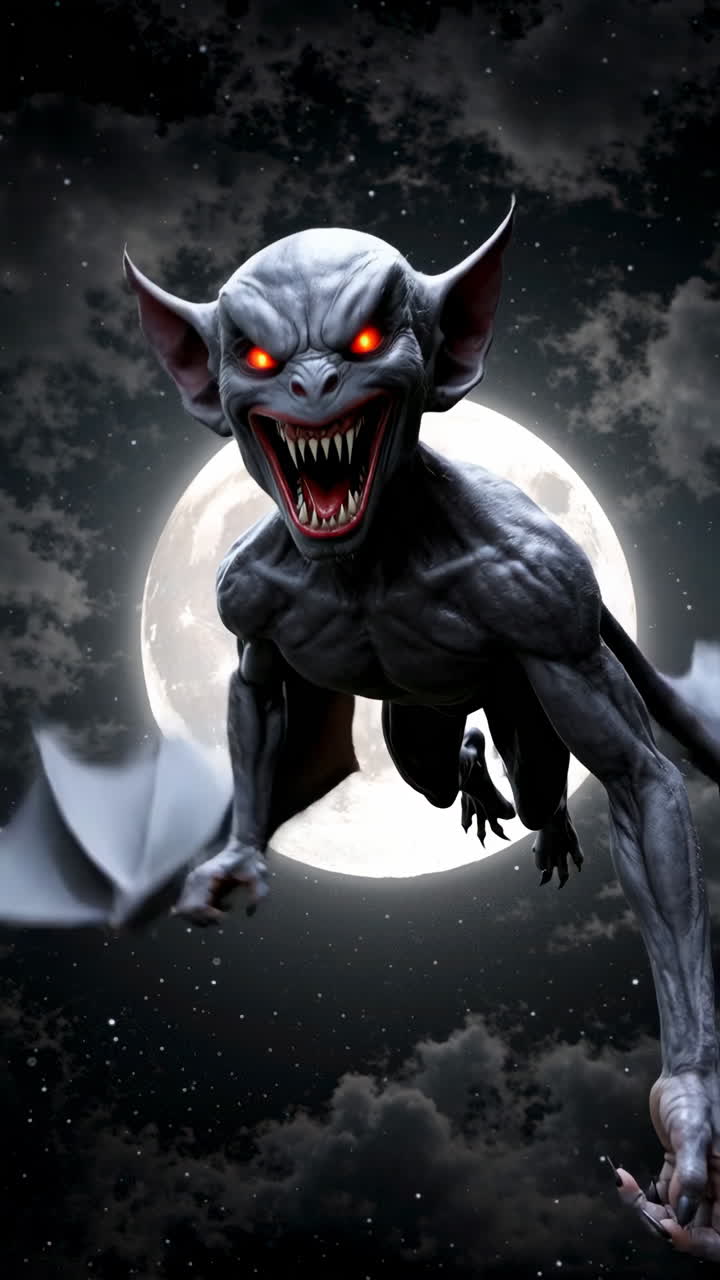 Frightening Gargoyle-like Monster Flying Against a Full Moon at Night