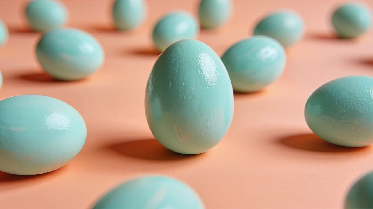 Moving camera pushing slowly around upright teal egg on peach table, revealing background eggs