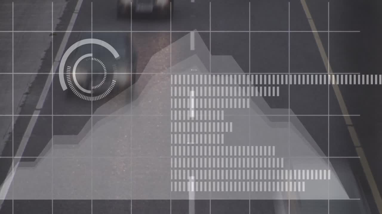 Animation of statistical data processing against aerial view of city traffic