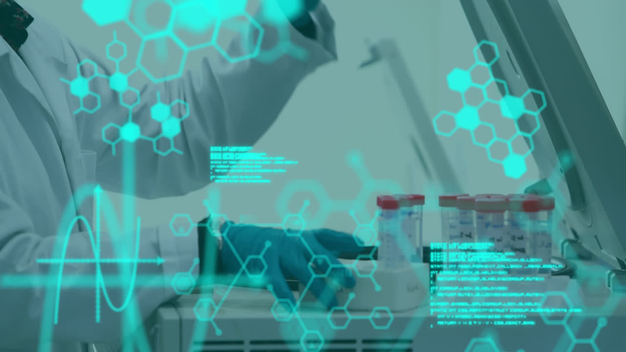animación de estructuras moleculares y lenguaje informático, científico colocando tubos de ensayo en la máquina