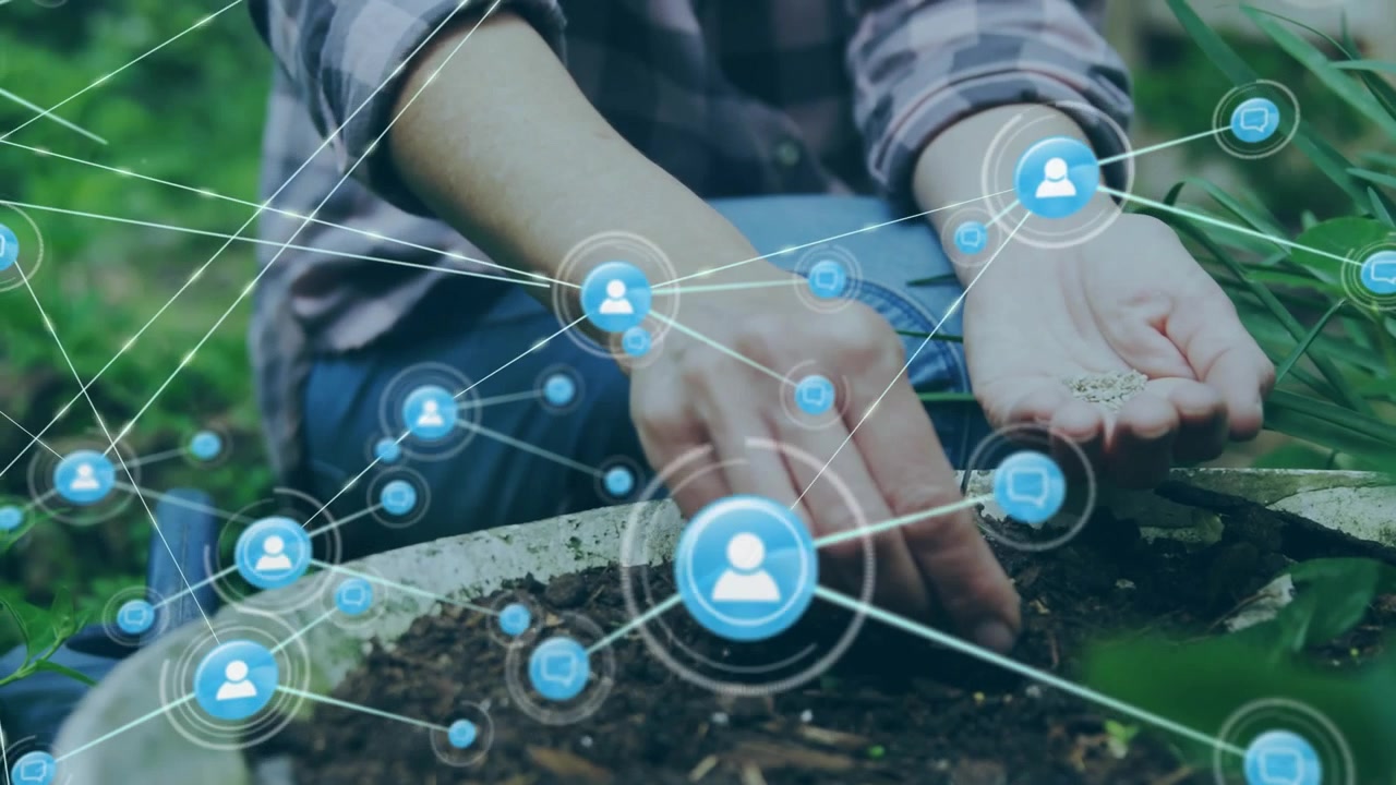 Mani che iniziano a piantare, spargendo semi in una fioriera, icone blu che collegano i semi all'agritecnologia
