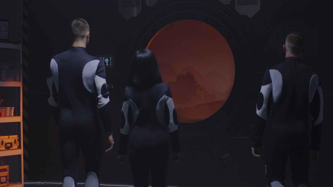 Astronauts Observing a Distant Planet Through a Spacecraft Window