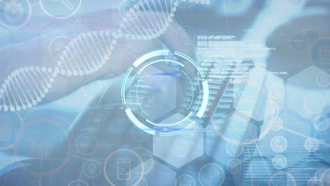 animation of scope scanning, dna strand and network of connections over hands typing on keyboard