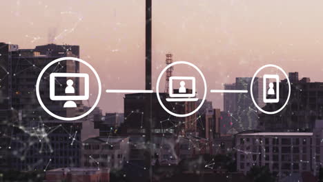 animation of network of digital media icons over modern cityscape