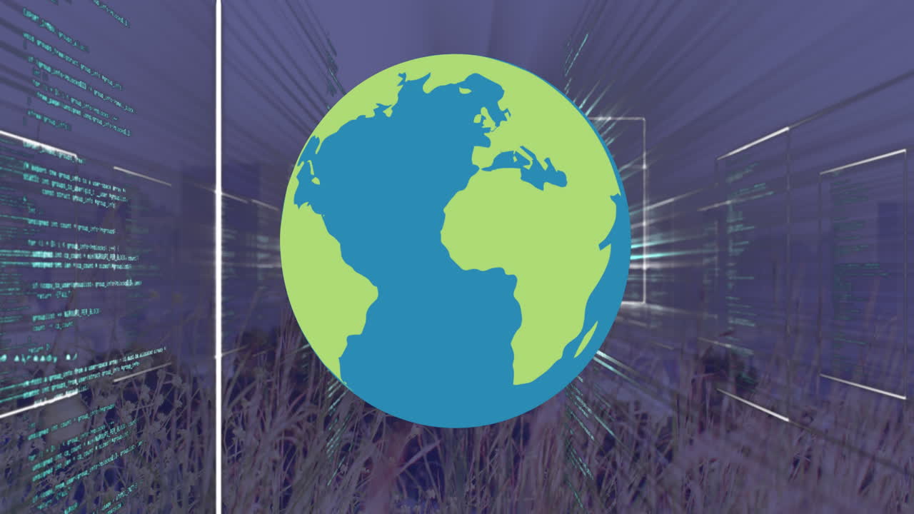 animación del procesamiento de datos y globo sobre el paisaje urbano