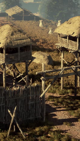 a medieval village with wooden houses and thatched roofs