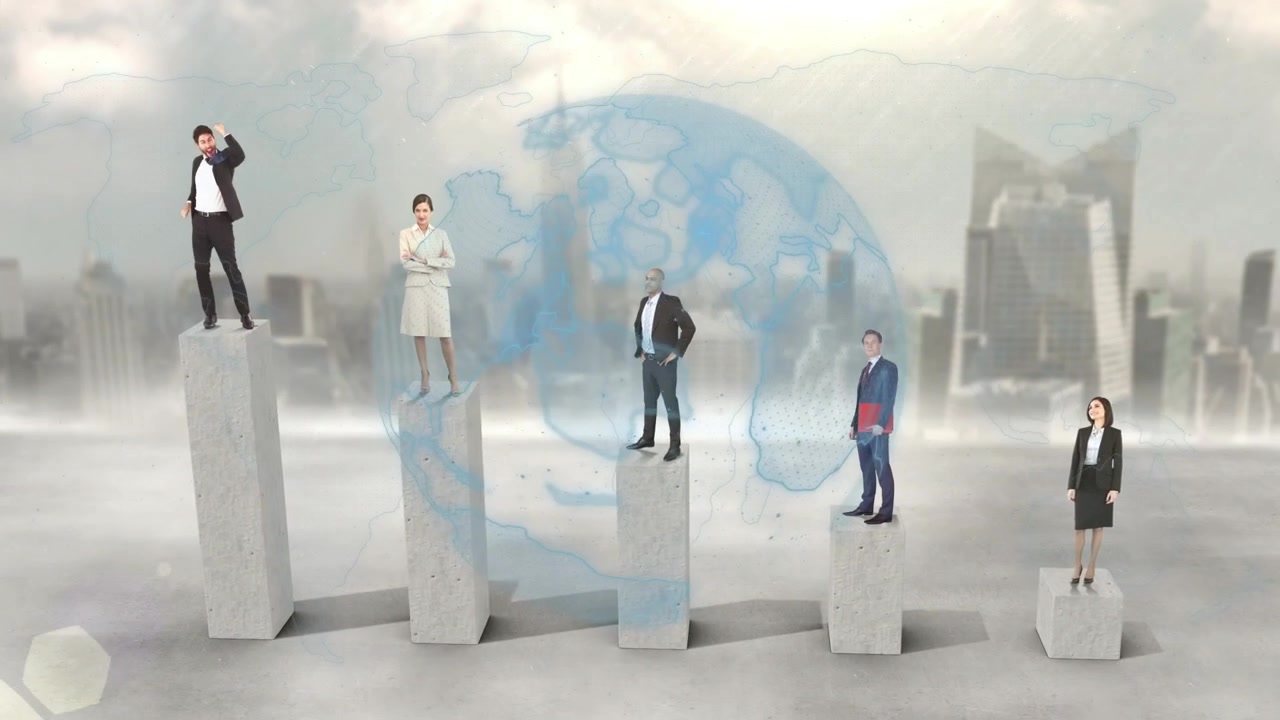 Animation of globe and diverse happy business people standing on block graph over cityscape