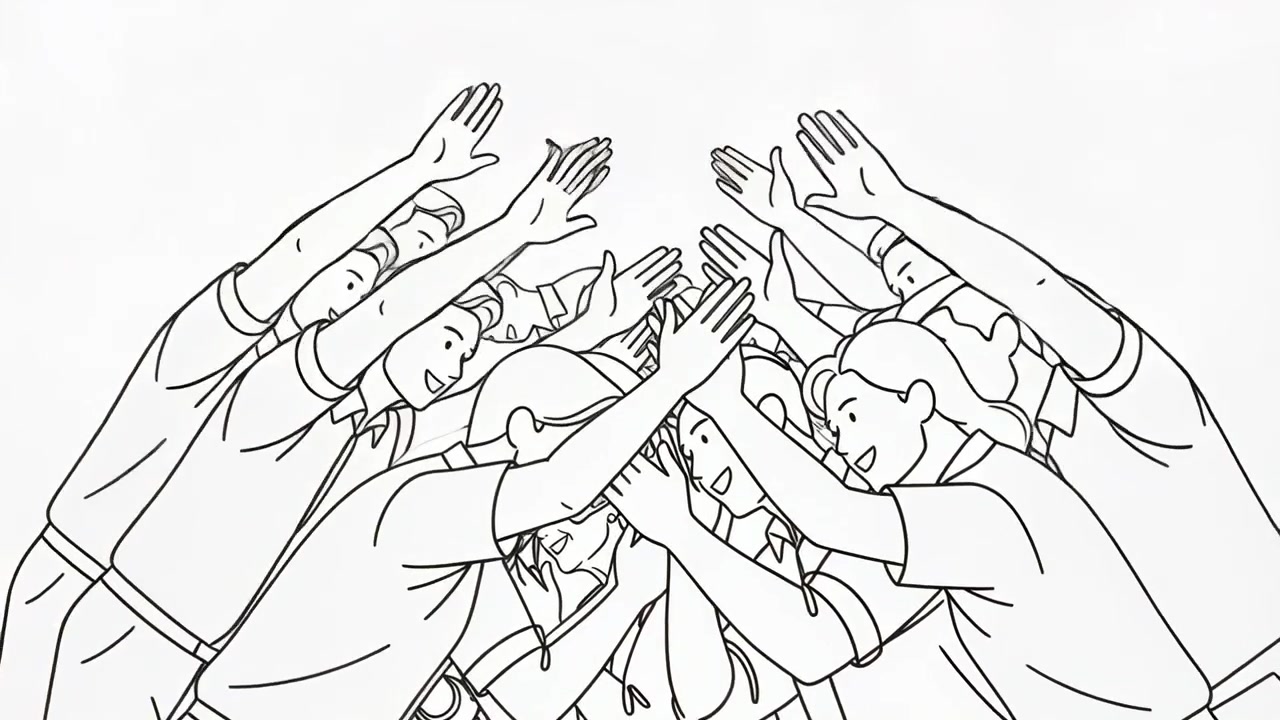 Clapping team wearing shirts celebrating person at left on stage forming arch with raised hands