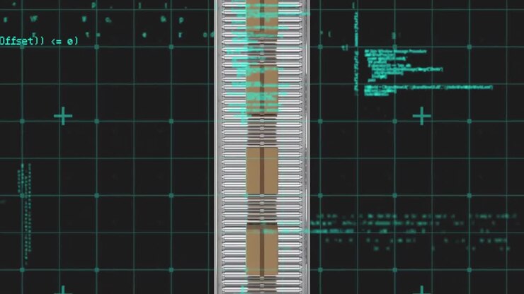 Animation of data processing over cardboard boxes on conveyor belt