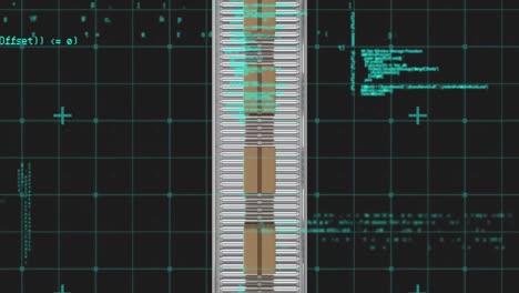 animation of data processing over cardboard boxes on conveyor belt