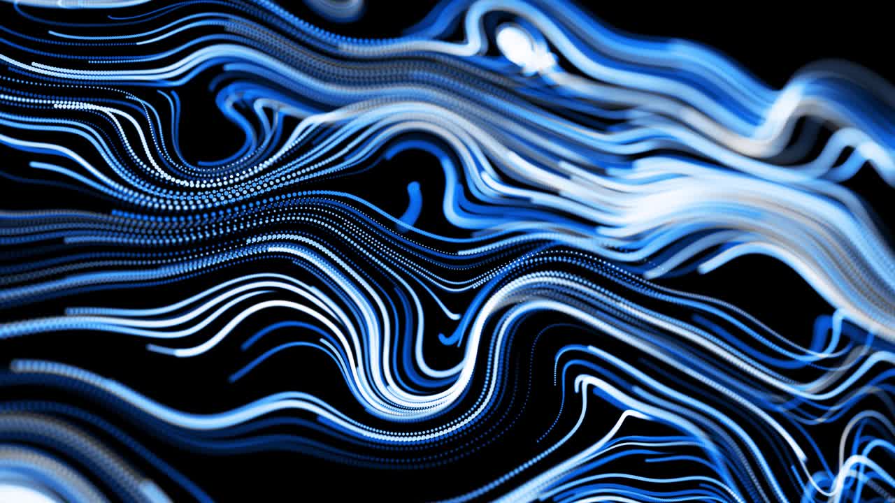 abstracto fondo en bucle 3d con líneas que forman un patrón giratorio como ruido de rizos con rayas de luz. el flujo de partículas forma líneas rizadas como senderos de brillo azul. hermosos remolinos de líneas como bg abstracto