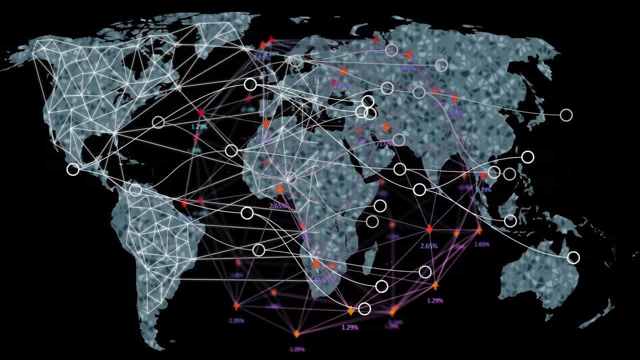 Animation of network of connections and data processing over world map