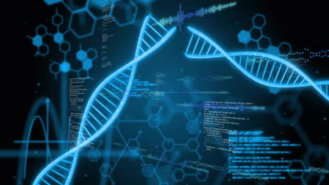 animation of digital data processing and dna strands on black background