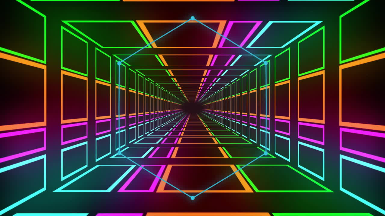animación de un hexágono sobre un túnel digital de colores