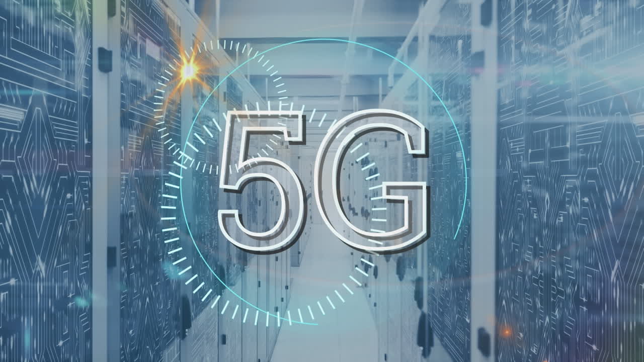 animazione di testo 5g con scansione di portata sulla stanza del server