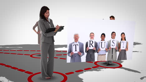 montaje futurista de personas de negocios en un mapa con pantallas que aparecen