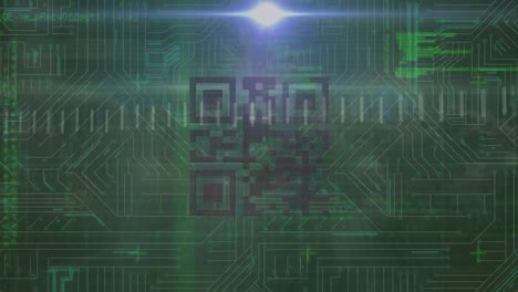 анимация линейного графика над qr-кодом и компьютерным языком в сравнении с шаблоном платы с схемами