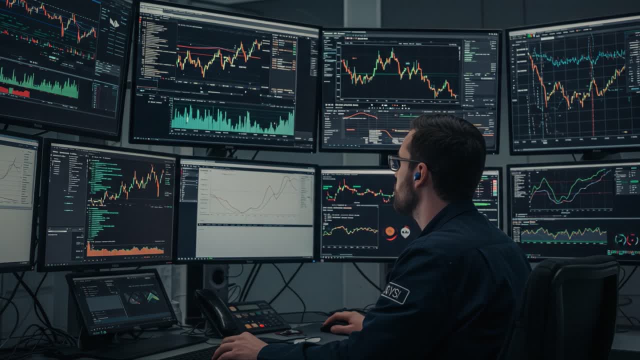 Focused Analyst Monitoring Stock Market Trends with Multiple Screens Displaying Financial Data and Graphs in a High-Tech Trading Environment