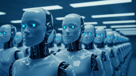 a futuristic lineup of advanced robotic entities with illuminated eyes, showcase of cutting-edge technology in a modern facility environment