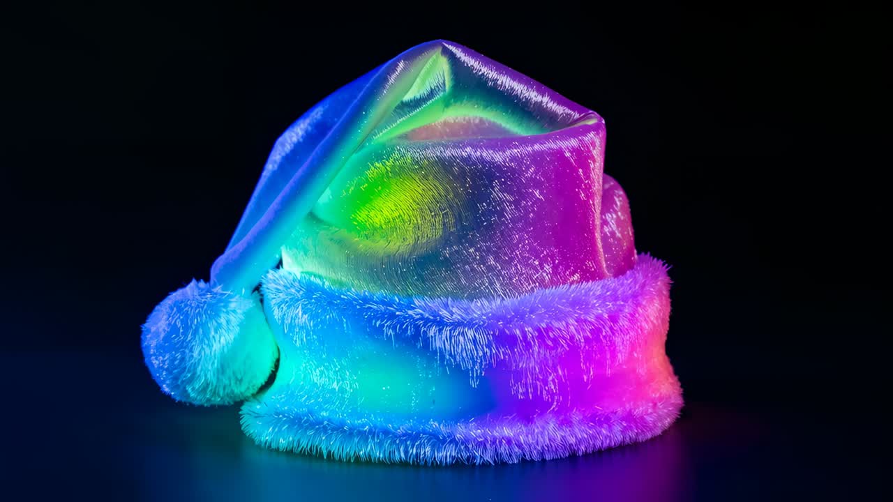 Shifting LEDs sweeping across Santa hat on black table in studio, making rainbow glow