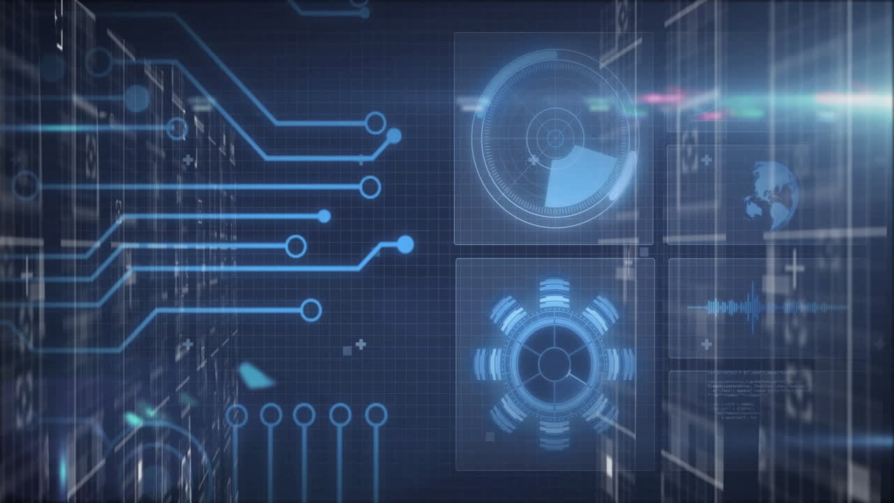 Animation of futuristic digital circuit patterns on dark blue background