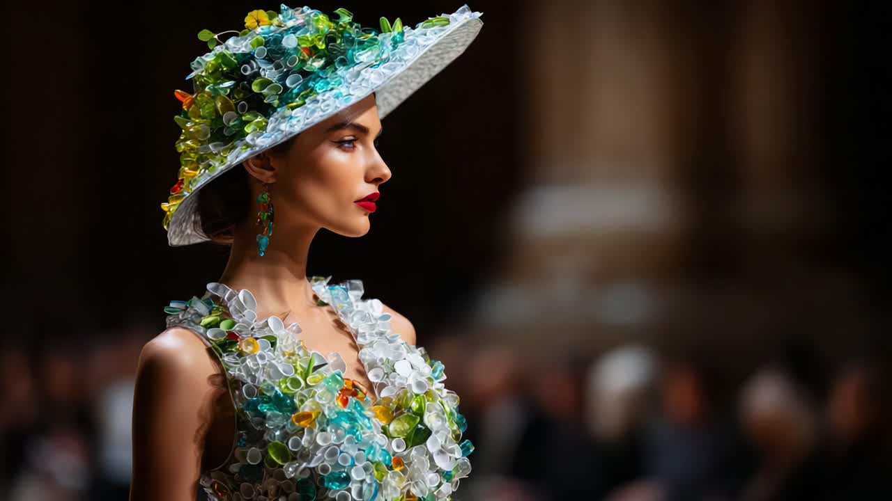 A Stunning Model Showcases Eco-Friendly Fashion on the Runway, Dressed in a Vibrant Ensemble of Recycled Materials and Adorned with Colorful Accessories, Exuding Modern Elegance