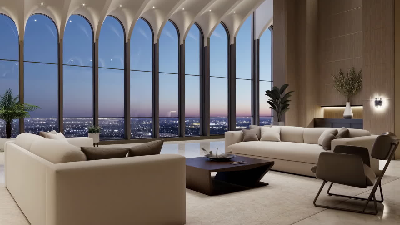Luxurious Modern Living Room with Panoramic City Skyline View from High-Rise Apartment