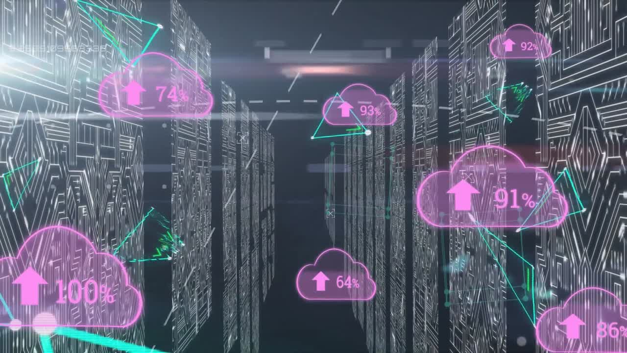 animación del procesamiento de datos con iconos de nubes y formas sobre fondo azul