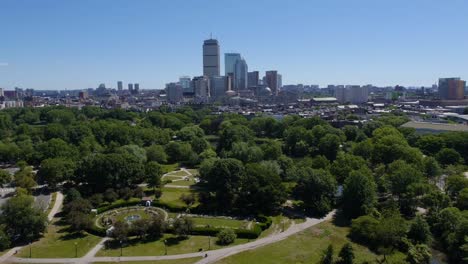 aerial view of boston skyline in the summer with blue skies and green park in the foreground