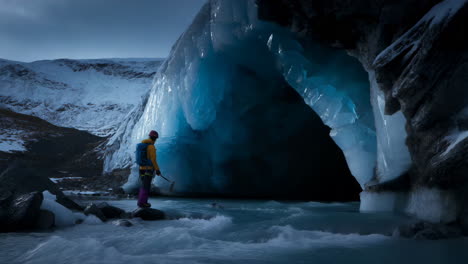 adventurer explores a stunning blue ice cave by a glacial river