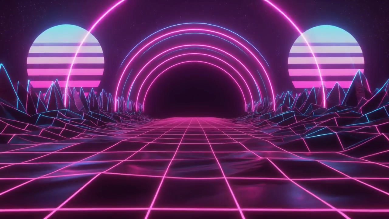 Paesaggio synthwave retrò con griglia al neon e cerchi luminosi