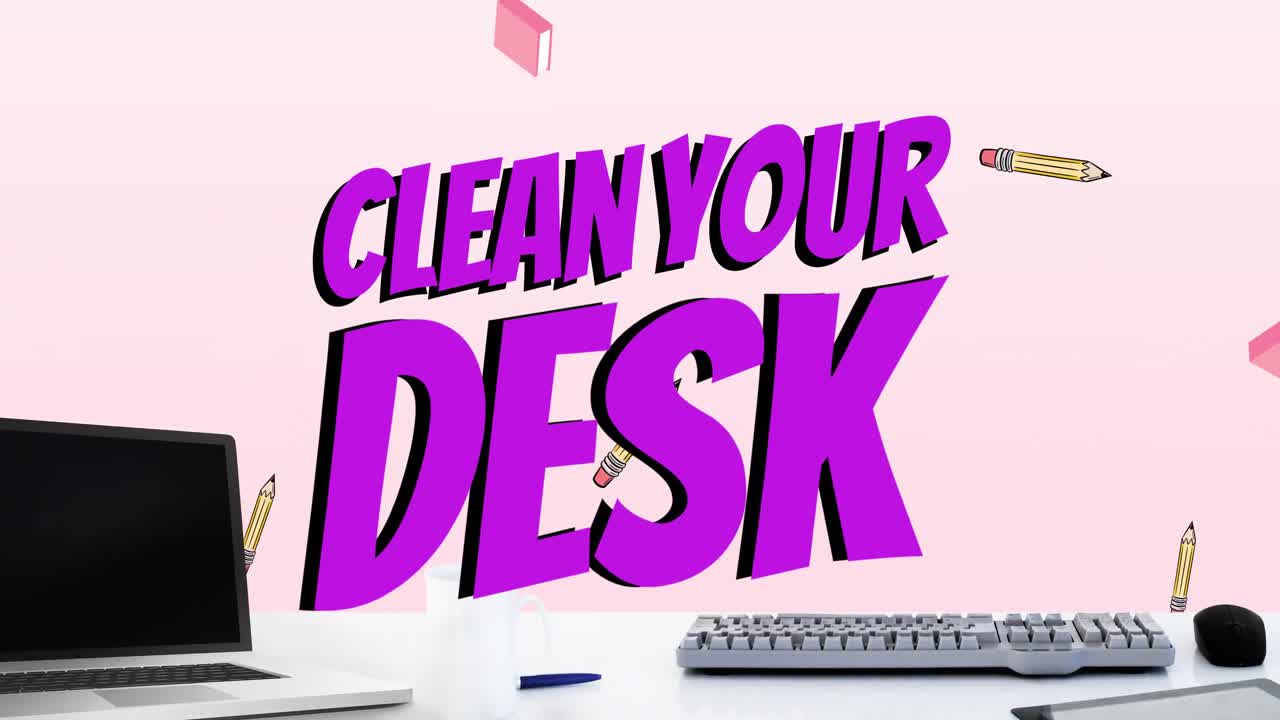 Animation af teksten 'ryd op på dit skrivebord' over bærbar computer og kontorartikler på lyserød baggrund.