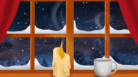 Animation-of-falling-snow-over-window-with-christmas-decorations