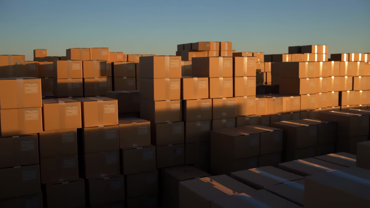 Large Stack of Cardboard Boxes Outdoors at Sunset