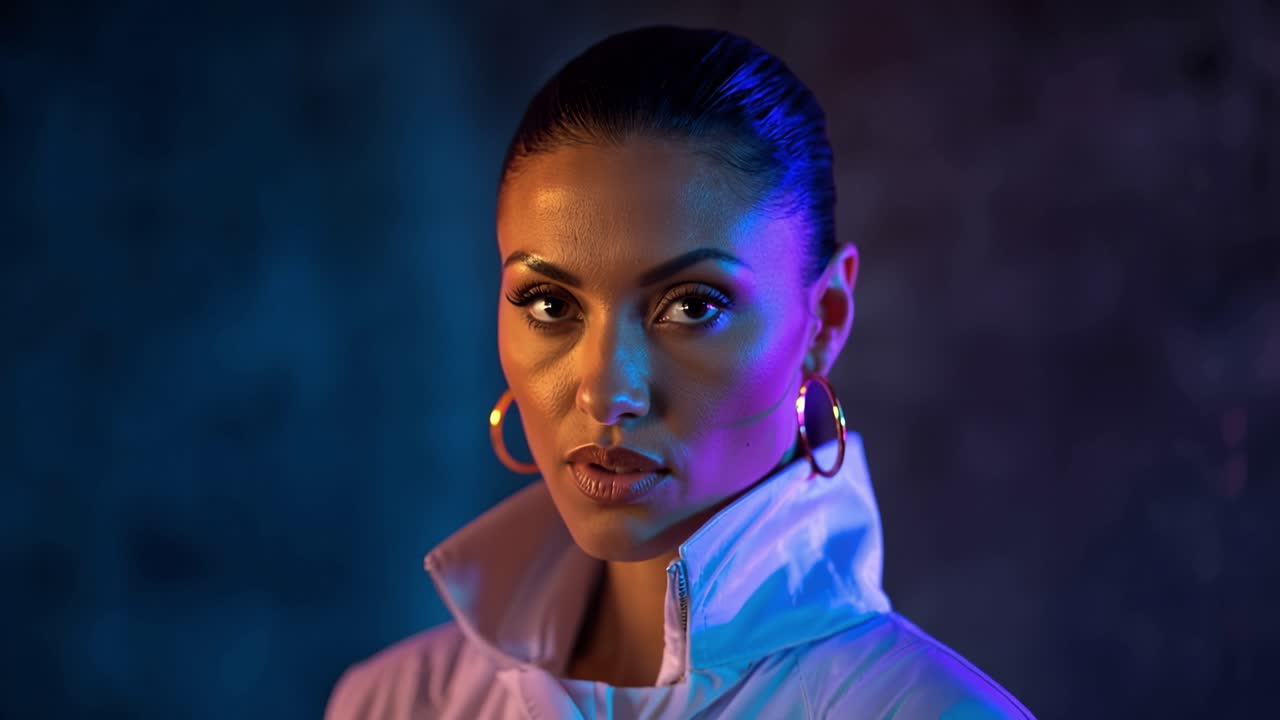 Donna guarda in alto, occhi che riflettono tonalità neon. Le luci al neon le dipingono il viso di viola e blu. I suoi capelli sono raccolti, lisci e scuri. Indossa una camicia bianca con colletto, delicatamente illuminata