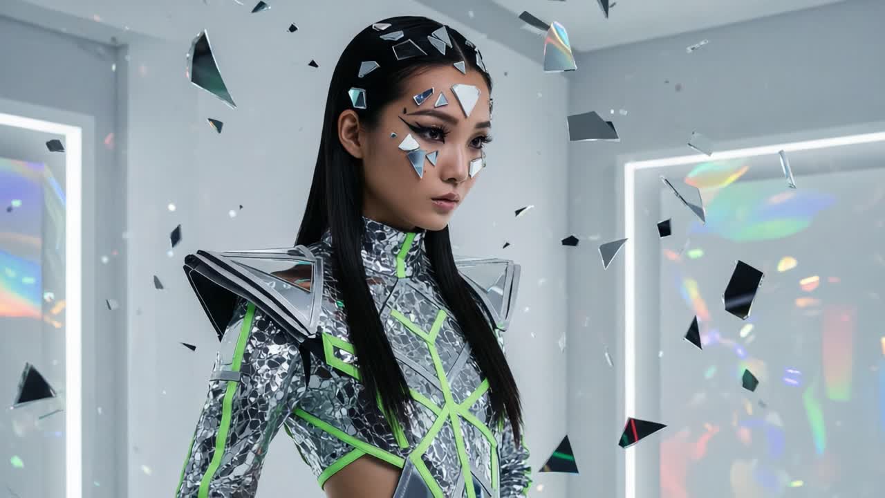 A futuristic figure adorns a dazzling costume, reflecting shards of light and color, standing amidst a surreal environment of fragmented visuals and holographic elements