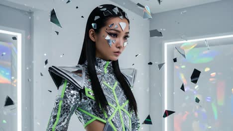 a futuristic figure adorns a dazzling costume, reflecting shards of light and color, standing amidst a surreal environment of fragmented visuals and holographic elements