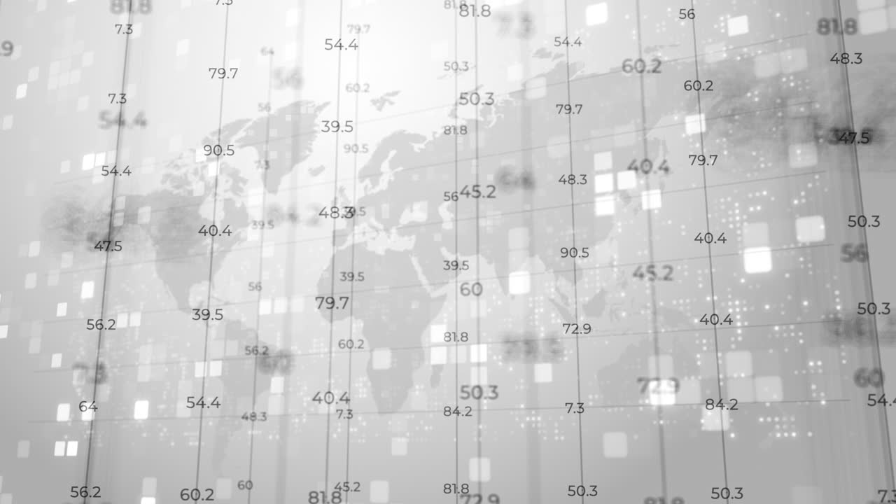 Black and white electronic screen with changing numbers falling down on the background of world map and flashing dots. Looped motion graphics.