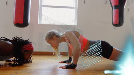 procesamiento de datos estadísticos contra una boxeadora y un entrenador masculino que realizan ejercicios de push up