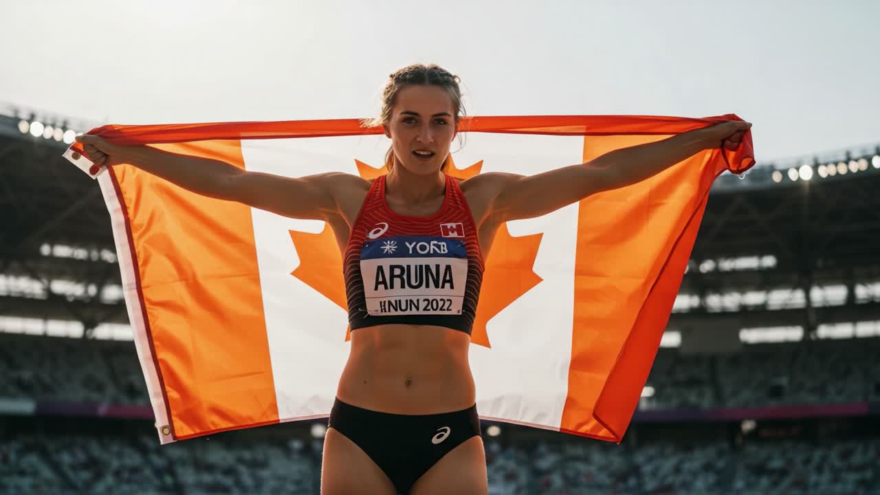Proud Athlete Celebrating Victory with Canadian Flag at Major Sporting Event, Showcasing Strength, Determination, and National Pride in the Spotlight