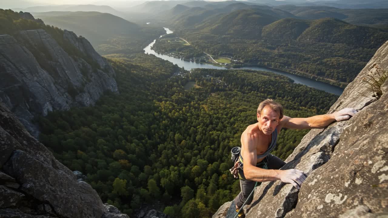 An Adventurous Rock Climber Ascends a Steep Mountain Peak Overlooking a Scenic River Valley Surrounded by Lush Greenery and Majestic Mountains in the Background