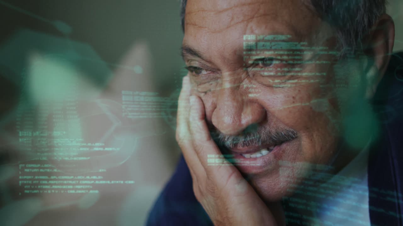 Animation of data processing over senior biracial man smiling