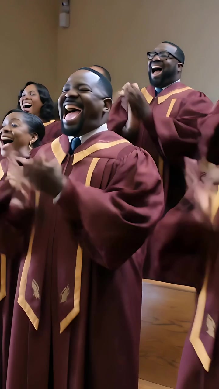 Vertical video: Stepping forward lead singer pushing vocal, driving choir at church in maroon robes